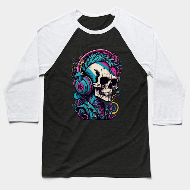 Skull with headphones Baseball T-Shirt by lkn